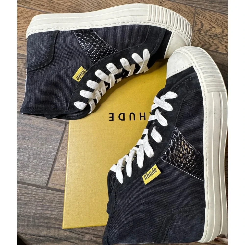 Rhude Bel Airs High Top Canvas Sneakers Black White Crocodile Detail Men's 8 - Picture 11 of 15